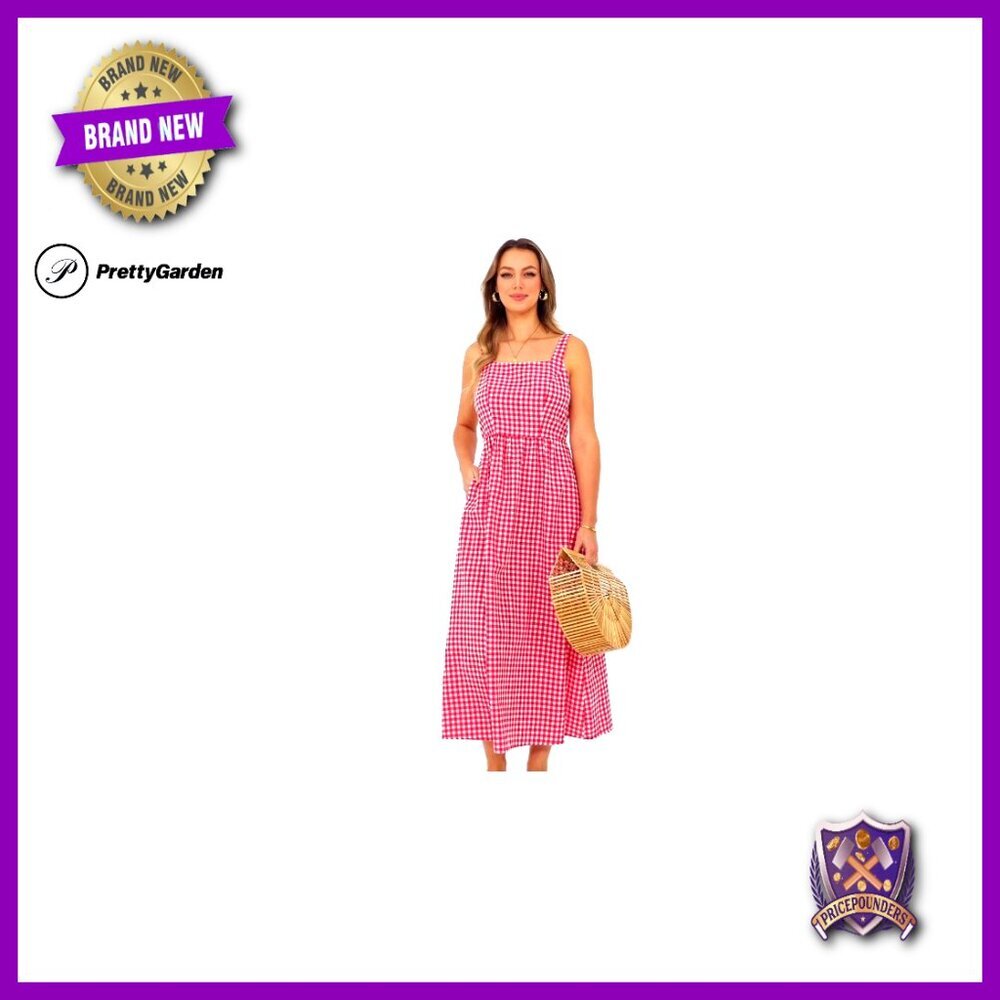 Spaghetti Strap Maxi Dress Plaid Square Neck A-Line Casual Beach Vacation - Picture 7 of 7